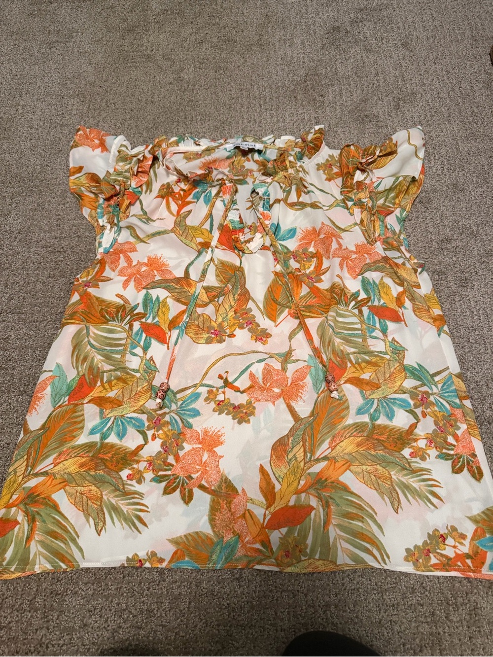 Rose & Olive Floral Ruffle-Sleeve Women’s Top in White and Orange